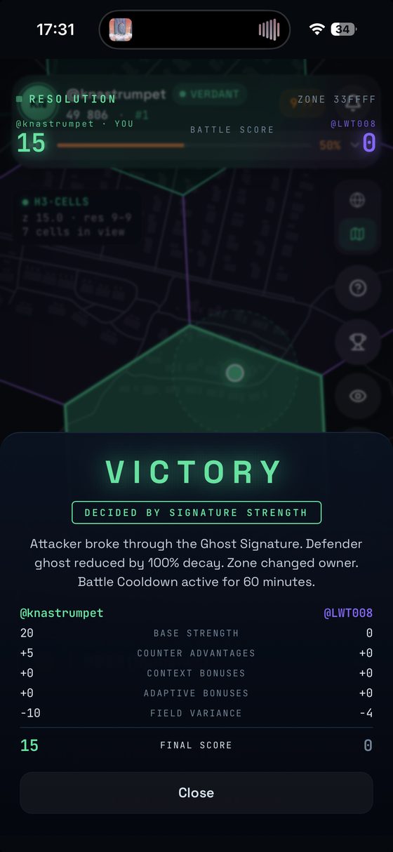 A battle result screen reading Victory, with a line-by-line score breakdown of both sides.